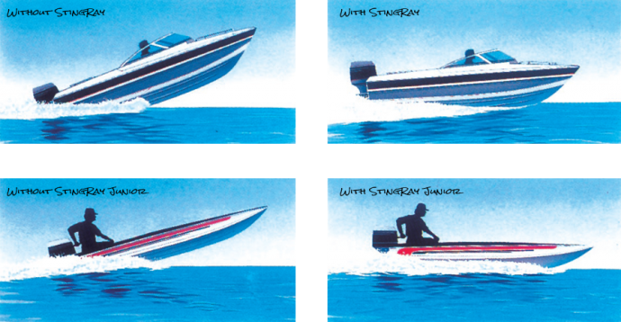 Ilustrační obrázek ukazuje posed motorového člunu na vodě BEZ křídla StingRay (vlevo) a S křídlem StingRay (vpravo)