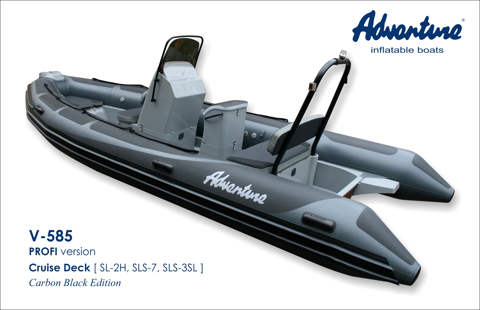 Nafukovací člun RIB s laminátovým kýlem Adventure V-585 ve verzi PROFI, výbavě paluby CRUISE; edice Carbon Black